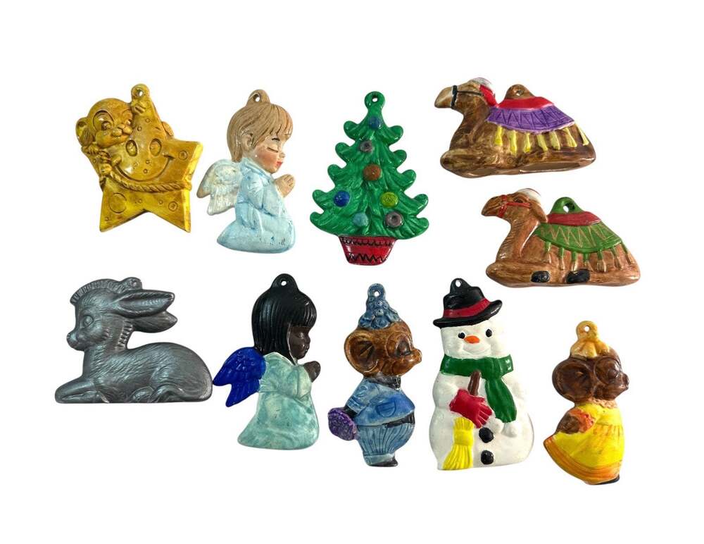 Vintage Porcelain Christmas Ornaments Lot of 10 Angels Mice Camel Snowman Tree